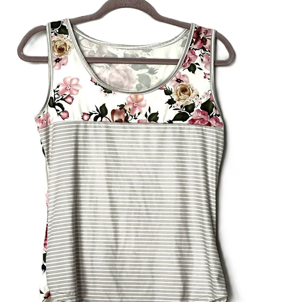 White and Gray Striped Floral Tank Top In Size Medium - Picture 4 of 4